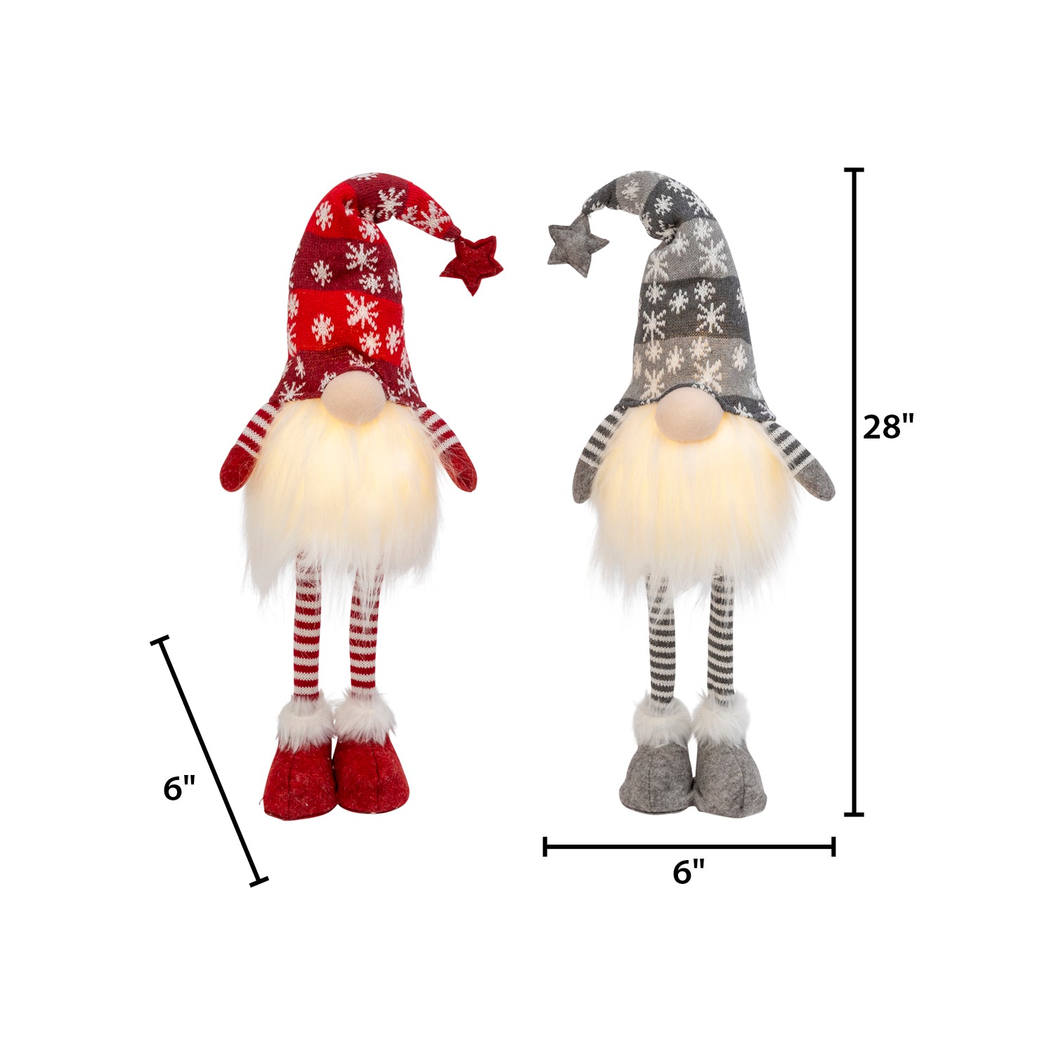 Set of 2 Christmas Lighted Gnome Figurines, Silver and Red